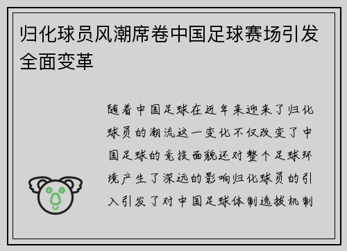 归化球员风潮席卷中国足球赛场引发全面变革