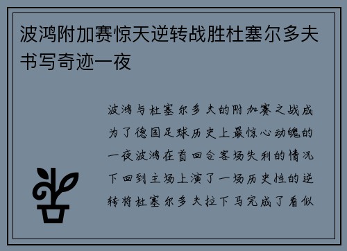 波鸿附加赛惊天逆转战胜杜塞尔多夫书写奇迹一夜 波鸿附加赛惊天逆转战胜杜塞尔多夫书写奇迹一夜