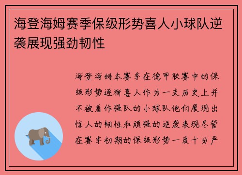 海登海姆赛季保级形势喜人小球队逆袭展现强劲韧性